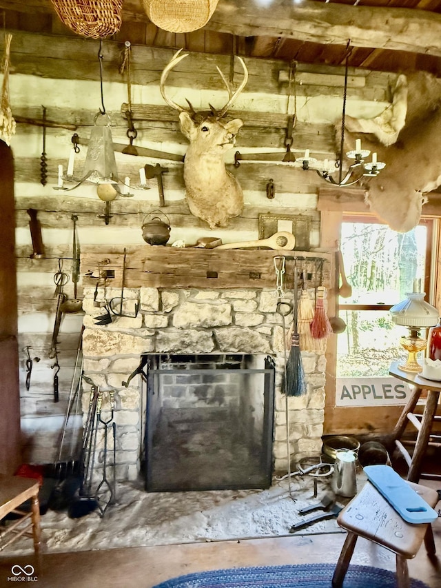 interior space with a fireplace and wood ceiling