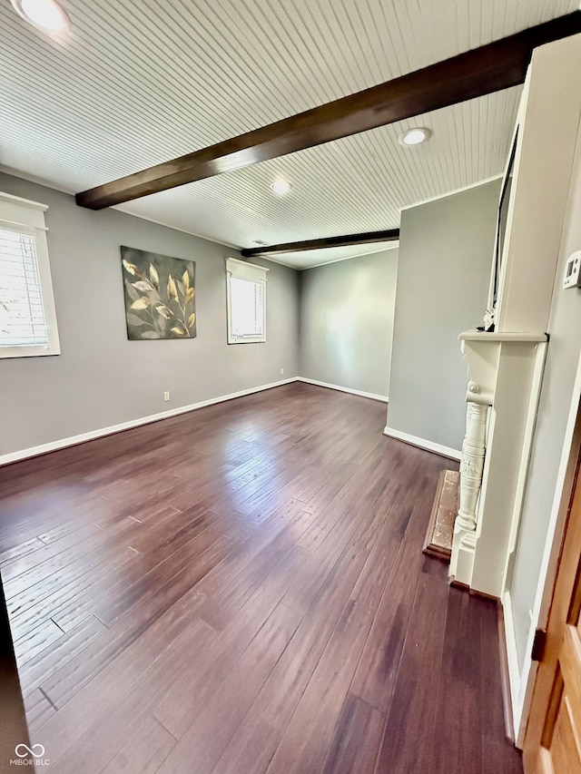 unfurnished living room featuring baseboards, recessed lighting, beamed ceiling, and dark wood-type flooring
