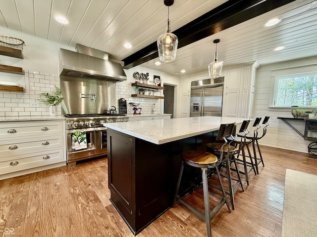kitchen featuring open shelves, a kitchen island, backsplash, premium appliances, and wall chimney exhaust hood