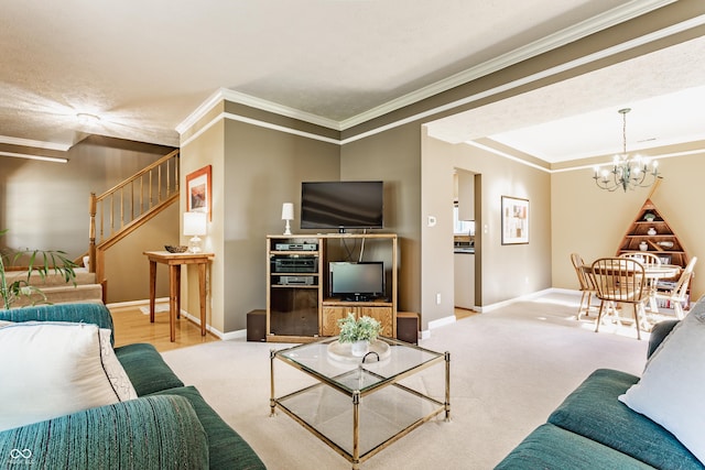 carpeted living area with baseboards, stairs, crown molding, and a chandelier