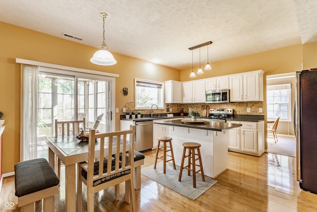 kitchen with appliances with stainless steel finishes, a sink, a textured ceiling, a healthy amount of sunlight, and visible vents
