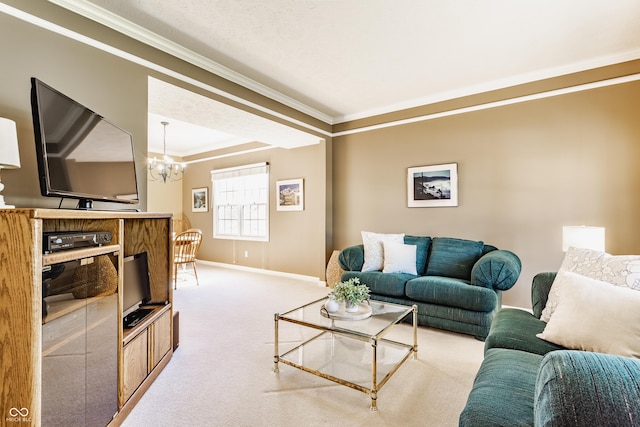 living room featuring crown molding, baseboards, carpet flooring, and a notable chandelier