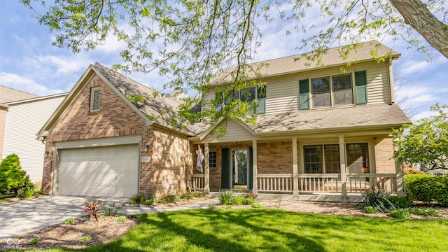 traditional home featuring a garage, concrete driveway, a porch, and brick siding