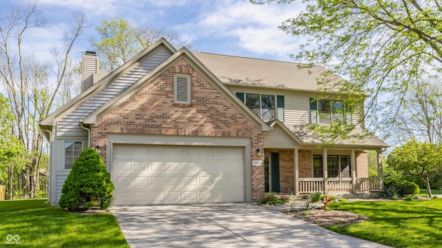 view of front of home with an attached garage, brick siding, a porch, a chimney, and concrete driveway