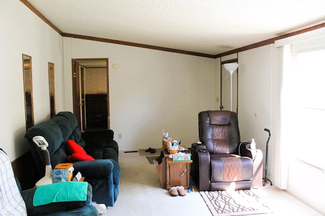 sitting room featuring carpet floors, ornamental molding, a textured ceiling, and lofted ceiling