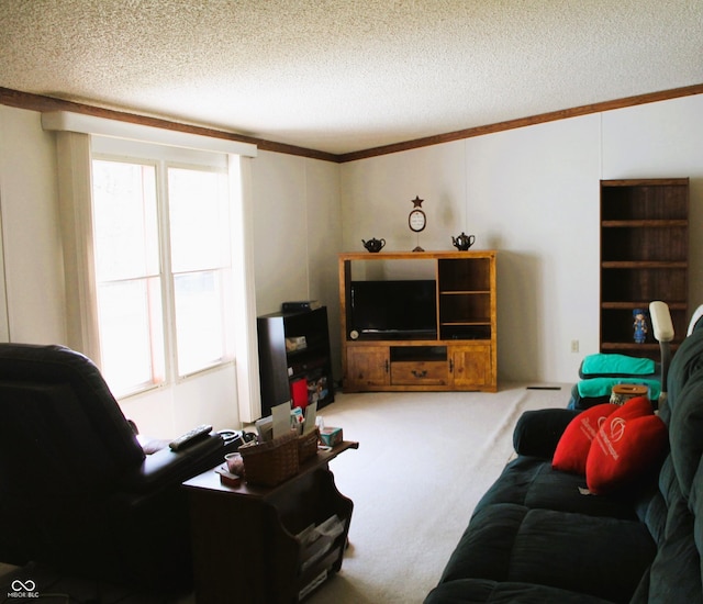 living area featuring carpet floors, ornamental molding, and a textured ceiling