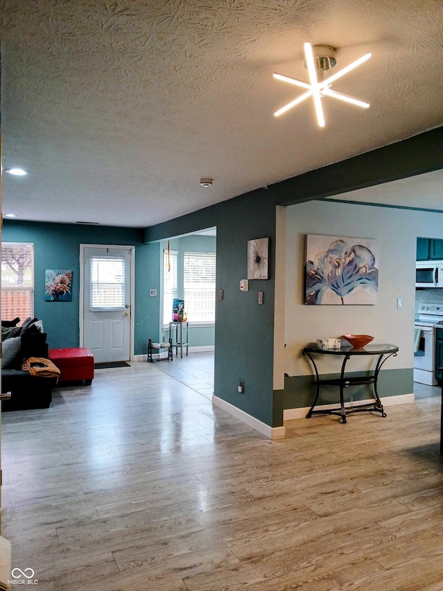 11651 Congressional Ln, Indianapolis, IN 46235 - living area with a textured ceiling, light wood-style flooring, and baseboards