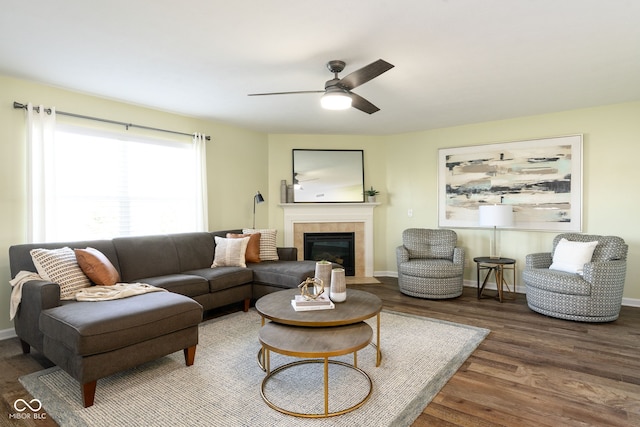 996 Denton Ct, Westfield, IN 46074 - living room featuring baseboards, ceiling fan, wood finished floors, and a tile fireplace