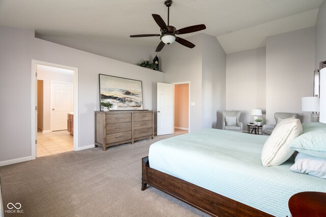 996 Denton Ct, Westfield, IN 46074 - bedroom with ceiling fan, baseboards, lofted ceiling, light carpet, and ensuite bath