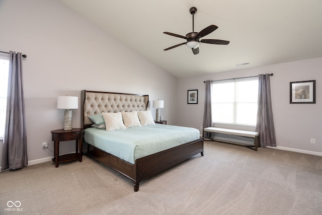 996 Denton Ct, Westfield, IN 46074 - bedroom with visible vents, baseboards, vaulted ceiling, and light carpet