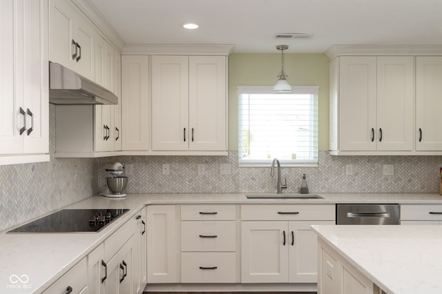 996 Denton Ct, Westfield, IN 46074 - kitchen with visible vents, stainless steel dishwasher, a sink, black electric stovetop, and under cabinet range hood