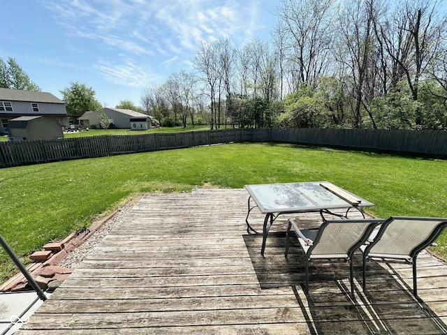 wooden terrace featuring a lawn and a fenced backyard