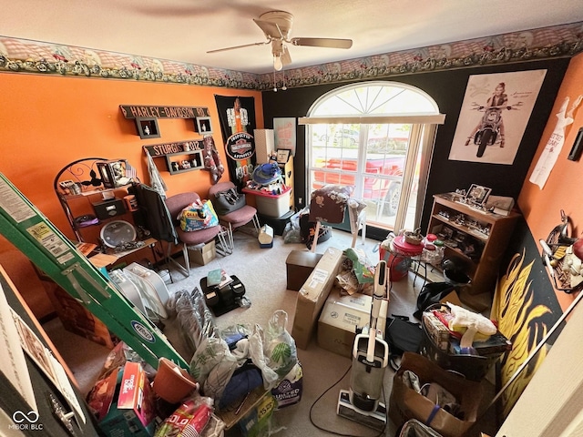 miscellaneous room with a ceiling fan and carpet
