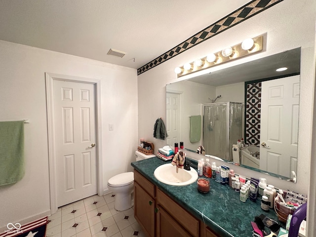 full bathroom with a shower stall, vanity, tile patterned floors, toilet, and visible vents