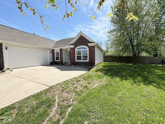 ranch-style house with a front yard, a garage, driveway, brick siding, and fence