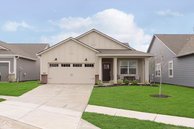 single story home featuring board and batten siding, an attached garage, concrete driveway, and a front lawn