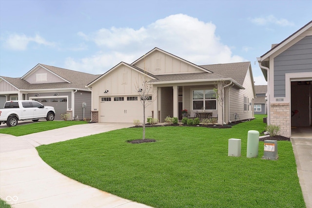 view of front of home featuring a garage, a front lawn, board and batten siding, a porch, and driveway