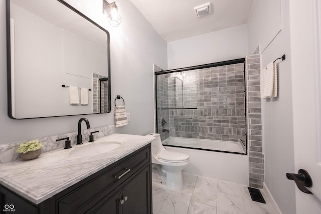 full bath with shower / bath combination with glass door, visible vents, toilet, vanity, and marble finish floor