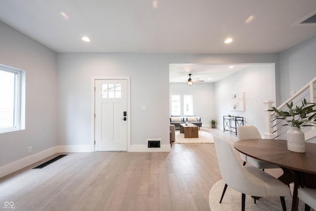 entrance foyer featuring recessed lighting, visible vents, light wood-style flooring, and baseboards
