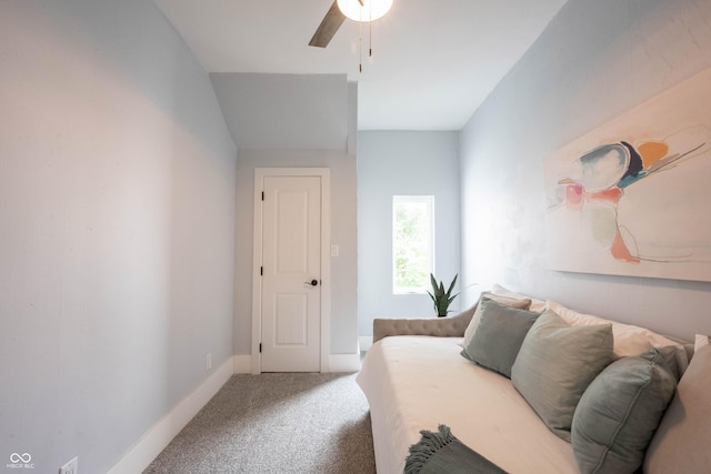 bedroom featuring a ceiling fan, carpet floors, and baseboards