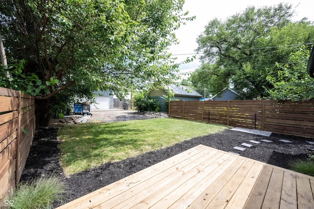 wooden terrace with a yard and a fenced backyard