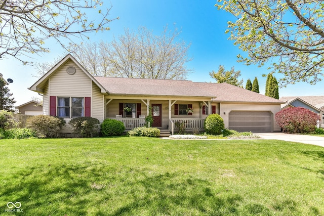 ranch-style home featuring an attached garage, concrete driveway, a porch, and a front lawn