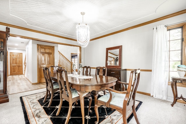 dining area with stairs, light colored carpet, baseboards, and a notable chandelier