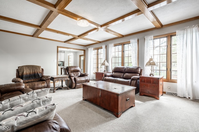 living area featuring light carpet, coffered ceiling, and beam ceiling