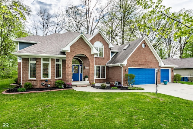 view of front of home with roof with shingles, an attached garage, a front lawn, brick siding, and concrete driveway