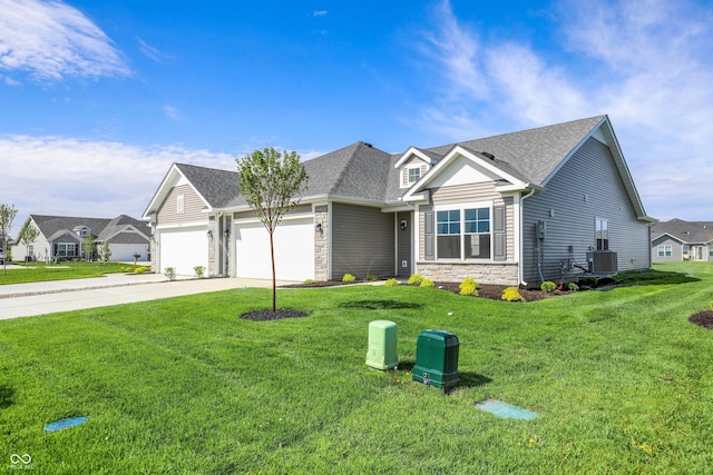 110 Maxim Ct, Cumberland, IN 46229 - view of front of house with driveway, a garage, a front lawn, a shingled roof, and stone siding