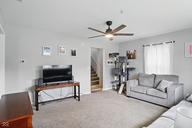 842 Miller Ave, Shelbyville, IN 46176 - living room with ceiling fan, carpet, baseboards, and stairway