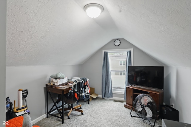 842 Miller Ave, Shelbyville, IN 46176 - carpeted office space featuring a textured ceiling, baseboards, and lofted ceiling