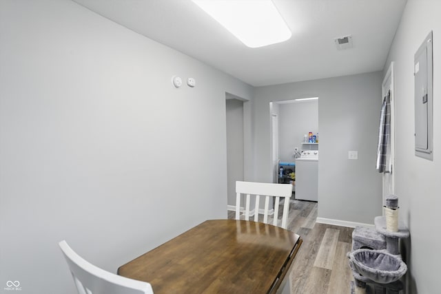 842 Miller Ave, Shelbyville, IN 46176 - dining area featuring washer / clothes dryer, visible vents, wood finished floors, and electric panel