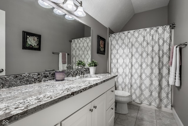 10919 Running Tide Ct, Indianapolis, IN 46236 - full bathroom featuring toilet, vanity, a textured ceiling, vaulted ceiling, and curtained shower