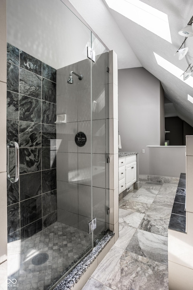10919 Running Tide Ct, Indianapolis, IN 46236 - full bath featuring a skylight, lofted ceiling, vanity, a shower stall, and marble finish flooring