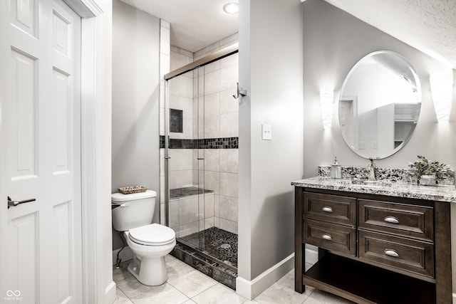 10919 Running Tide Ct, Indianapolis, IN 46236 - full bathroom featuring vanity, a stall shower, a textured ceiling, and tile patterned floors