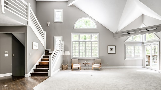 10919 Running Tide Ct, Indianapolis, IN 46236 - living area with high vaulted ceiling, stairway, plenty of natural light, and carpet
