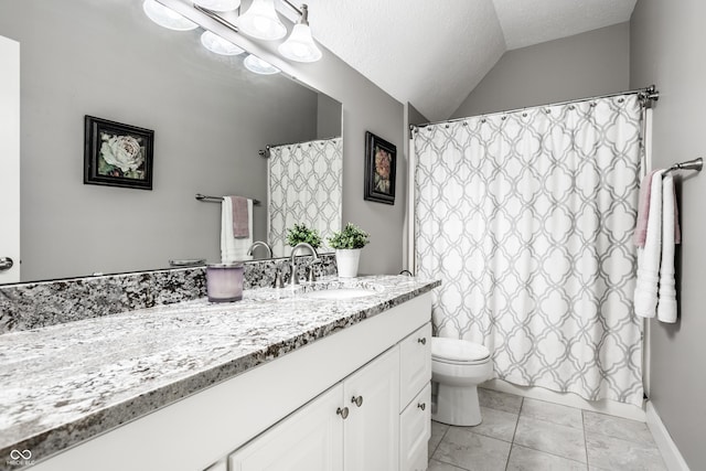 10919 Running Tide Ct, Indianapolis, IN 46236 - full bath featuring vanity, lofted ceiling, a textured ceiling, and a shower with shower curtain