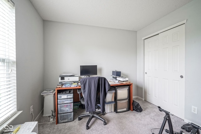office space with a textured ceiling, plenty of natural light, baseboards, and carpet