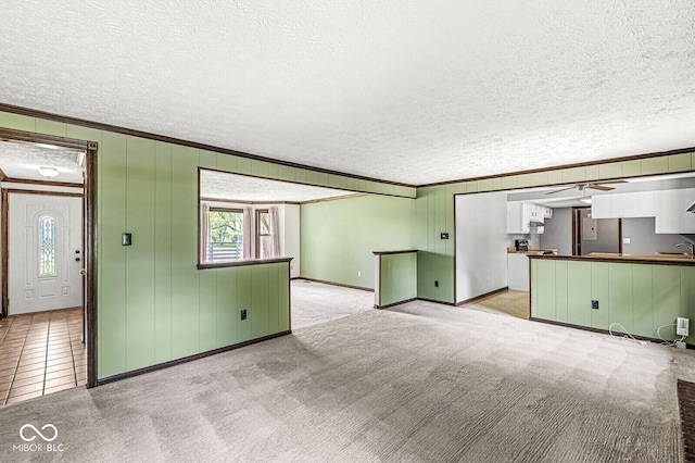 unfurnished living room with a textured ceiling, crown molding, plenty of natural light, baseboards, and light colored carpet