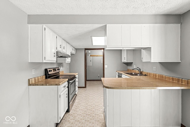 kitchen with stainless steel range with electric stovetop, a sink, under cabinet range hood, a peninsula, and a textured ceiling