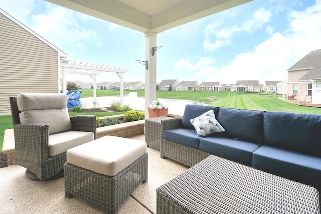 view of patio / terrace featuring outdoor lounge area, a pergola, and a residential view