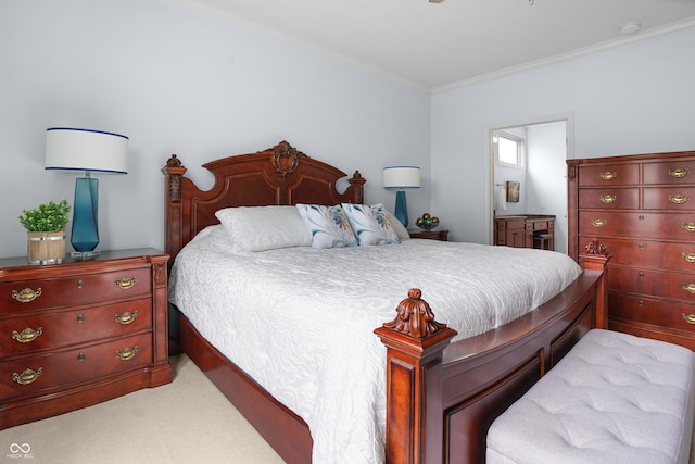 carpeted bedroom with crown molding