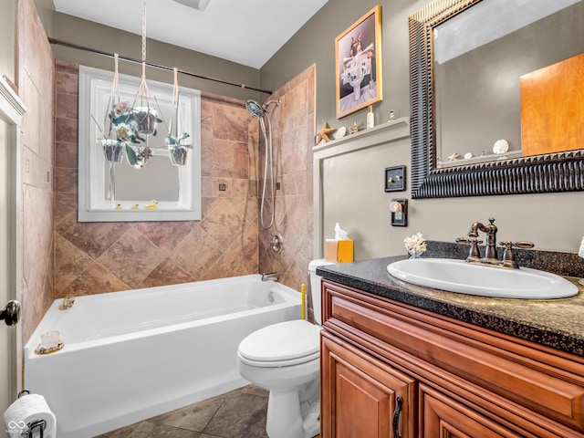 full bath featuring toilet, tile patterned flooring, shower / washtub combination, and vanity