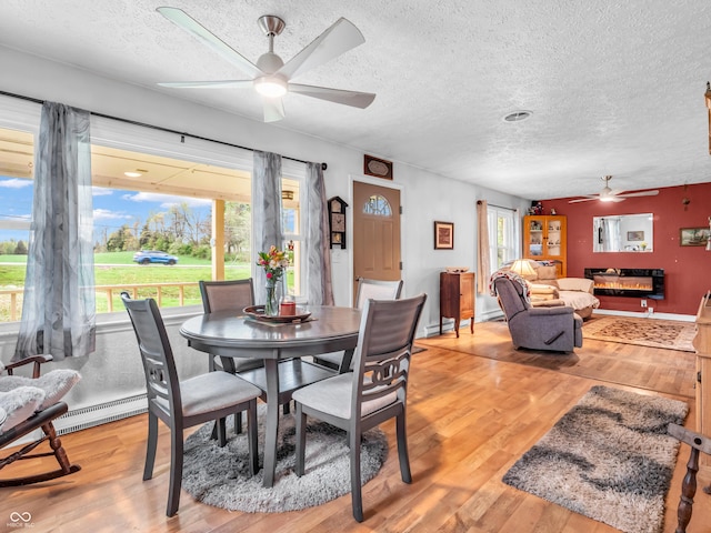 dining space with a ceiling fan, a textured ceiling, and light wood finished floors