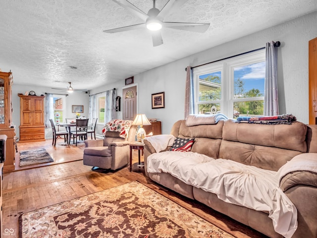 living area featuring a textured ceiling, a ceiling fan, and wood-type flooring