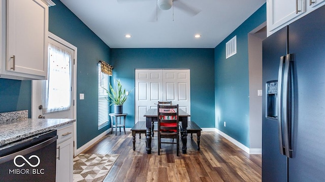dining room featuring baseboards, recessed lighting, a ceiling fan, and dark wood-type flooring