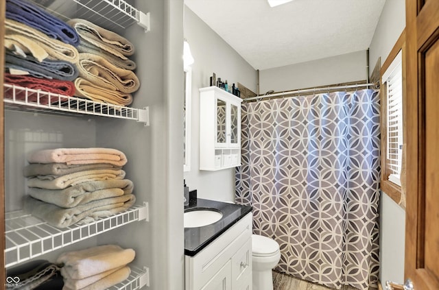 full bath featuring vanity, wood finished floors, toilet, and a shower with curtain