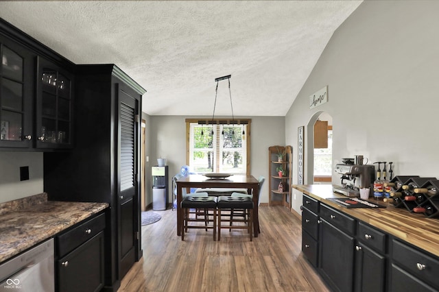 kitchen with wood counters, dark cabinetry, stainless steel dishwasher, and vaulted ceiling
