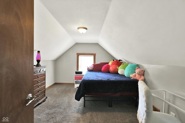 bedroom with baseboards, carpet, and lofted ceiling